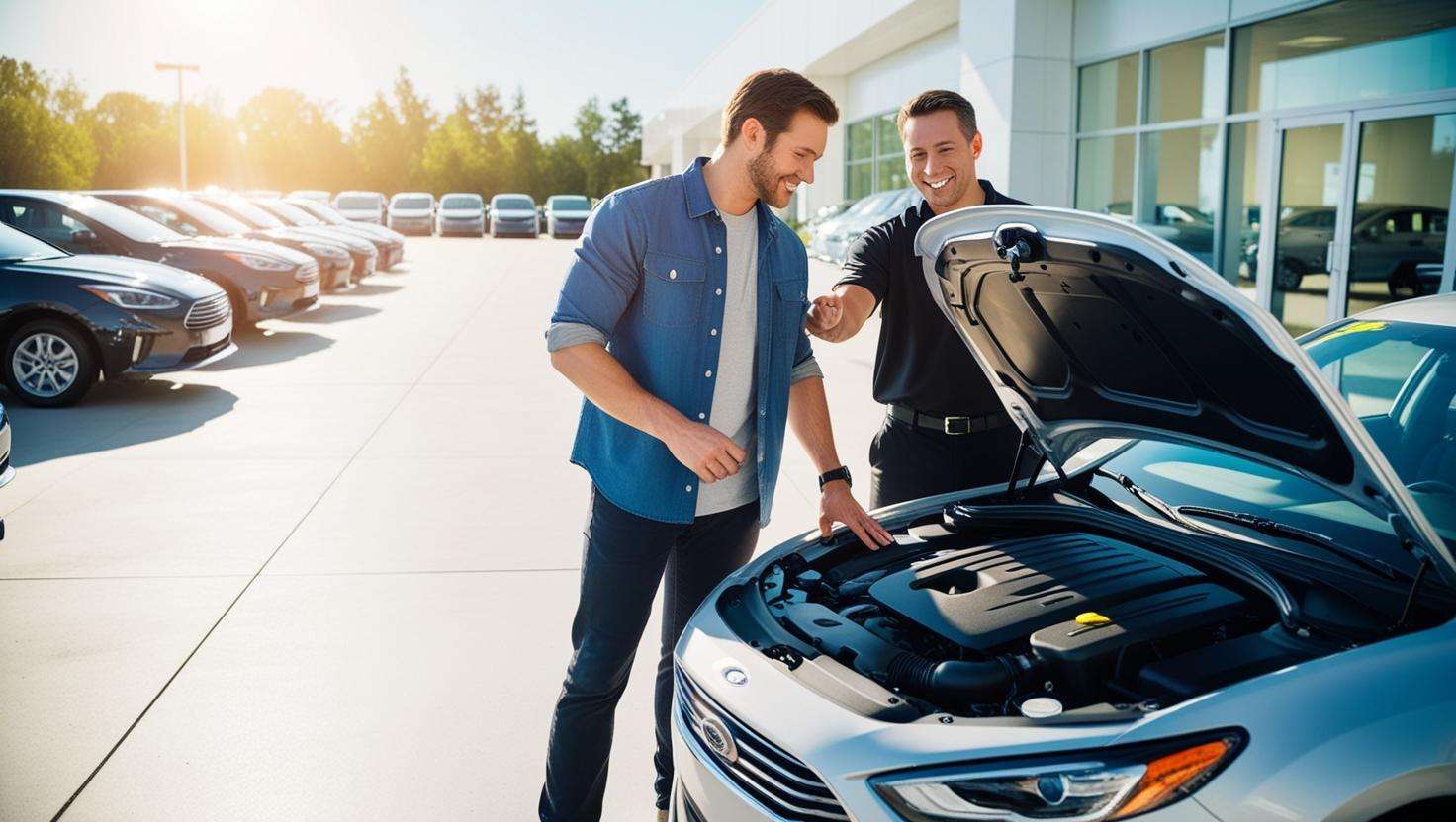 Ideal Auto Bensonhurst pre owned car Brooklyn dealership with two men inspecting a car engine.