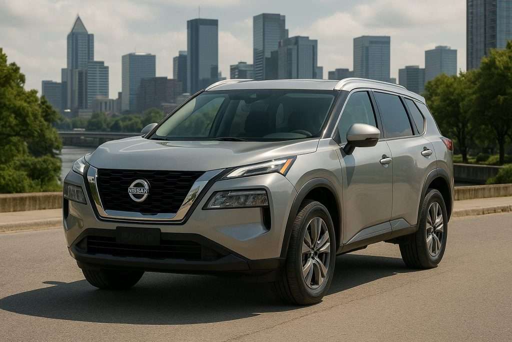 Silver SUV from Ideal Auto Bensonhurst, pre owned car Brooklyn with city skyline.