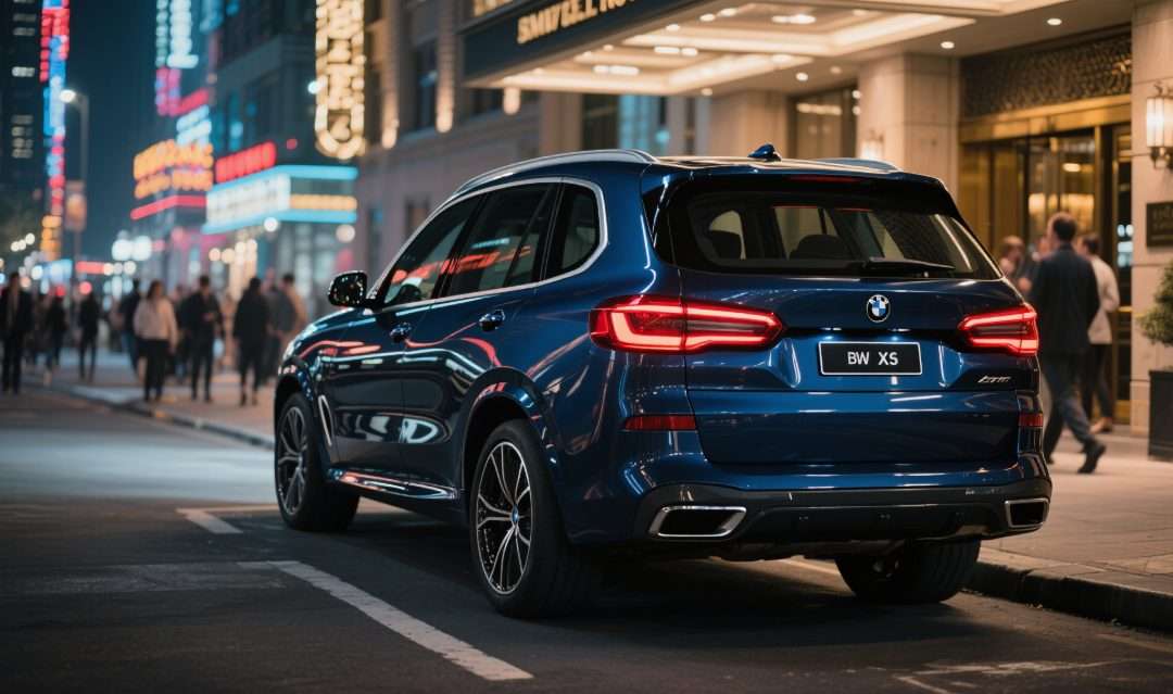 Blue BMW SUV parked at night, showcased by Ideal Auto Bensonhurst, pre owned car Brooklyn.