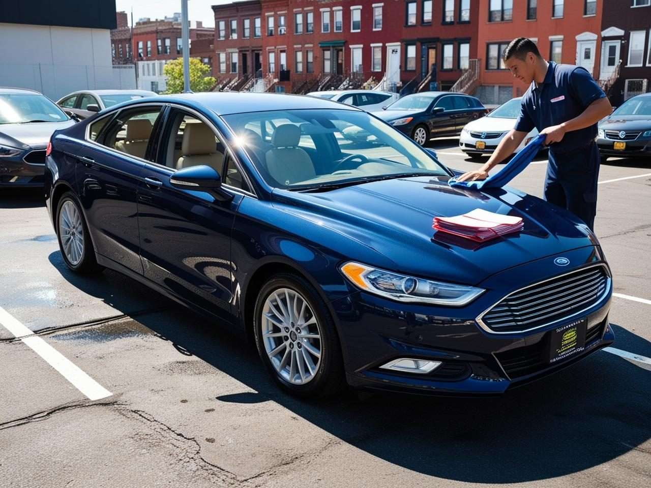 Ideal Auto Bensonhurst staff preparing a pre owned car in Brooklyn dealership