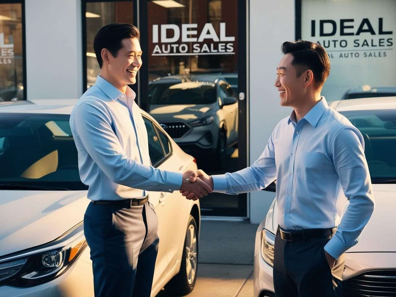 Two men shaking hands at Ideal Auto Bensonhurst, pre owned car Brooklyn dealership.