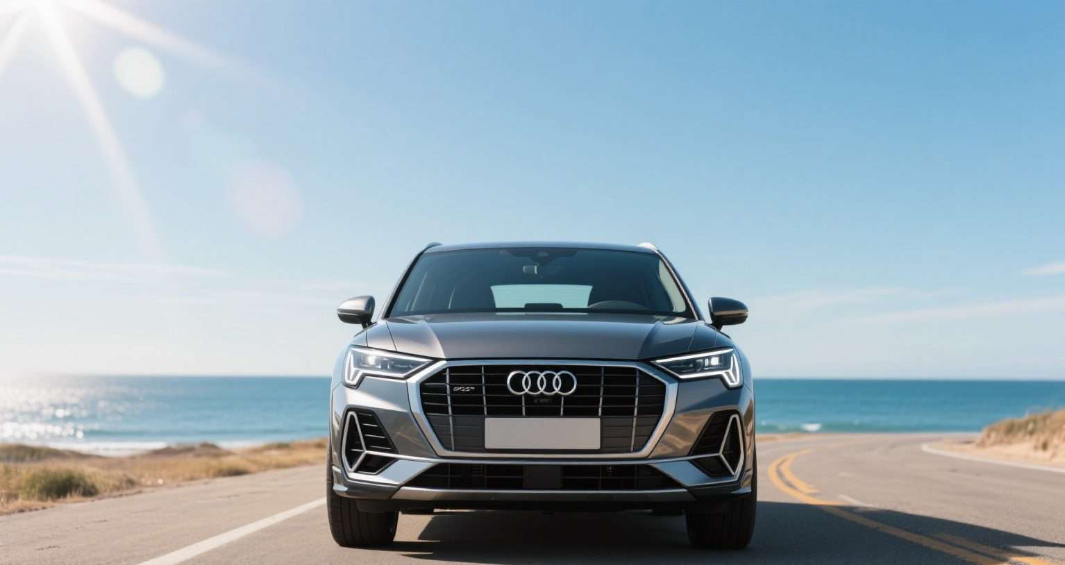 Front view of a luxury car on a coastal road, ideal auto bensonhurst, pre owned car brooklyn