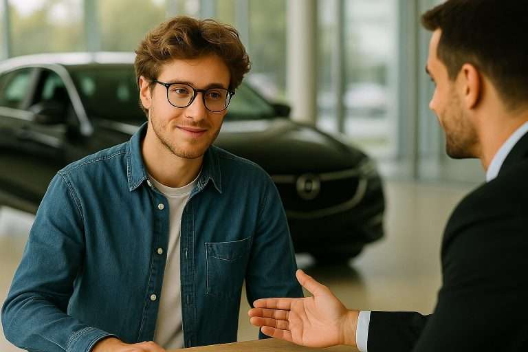 Customer discussing a pre-owned car at Ideal Auto Bensonhurst, Brooklyn